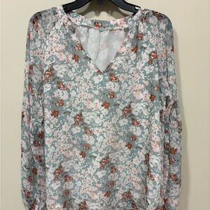 Floral V-Neck Blouse - Green and Brown medium